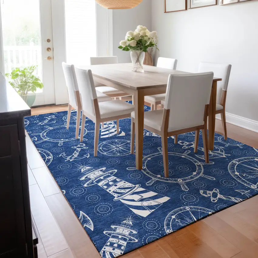 Navy Blue And Ivory Nautical Washable Area Rug With UV Protection Photo 6