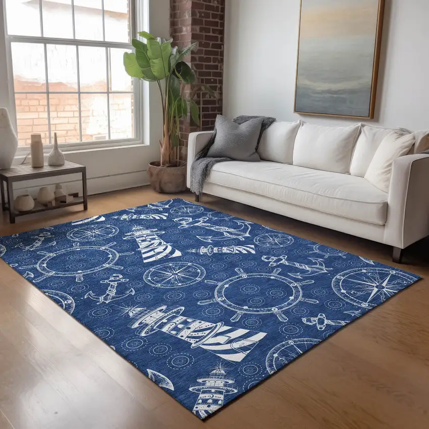 Navy Blue And Ivory Nautical Washable Area Rug With UV Protection Photo 6