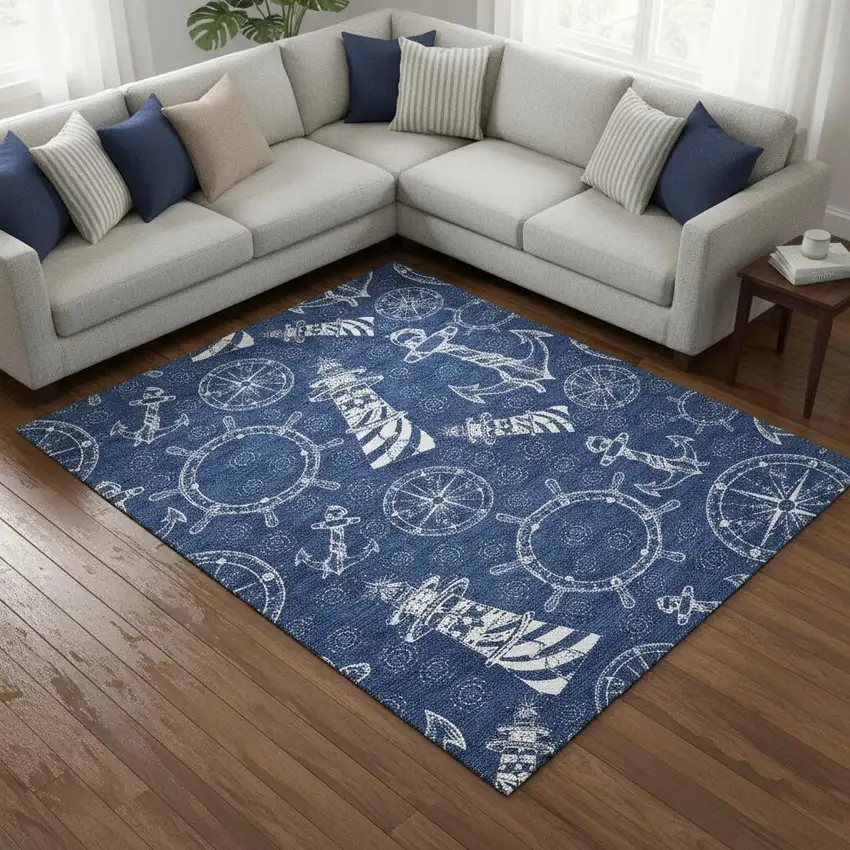 Navy Blue And Ivory Nautical Washable Area Rug With UV Protection Photo 1