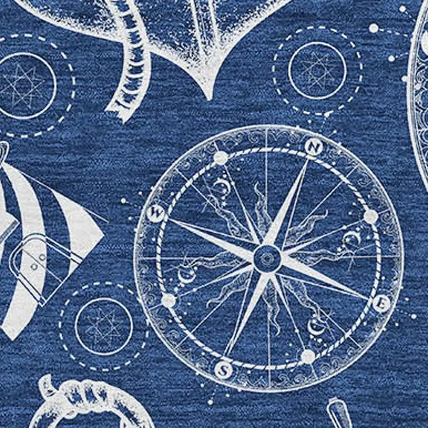 Navy Blue And Ivory Nautical Washable Area Rug With UV Protection Photo 4