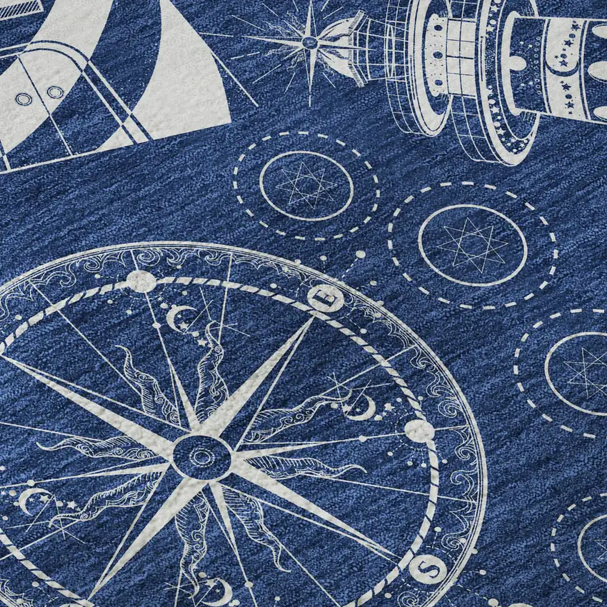 Navy Blue And Ivory Nautical Washable Area Rug With UV Protection Photo 9