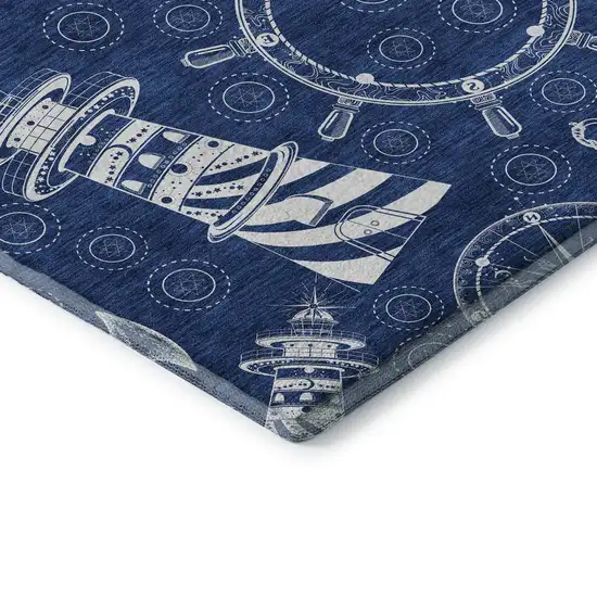 Navy Blue And Ivory Nautical Washable Area Rug With UV Protection Photo 8