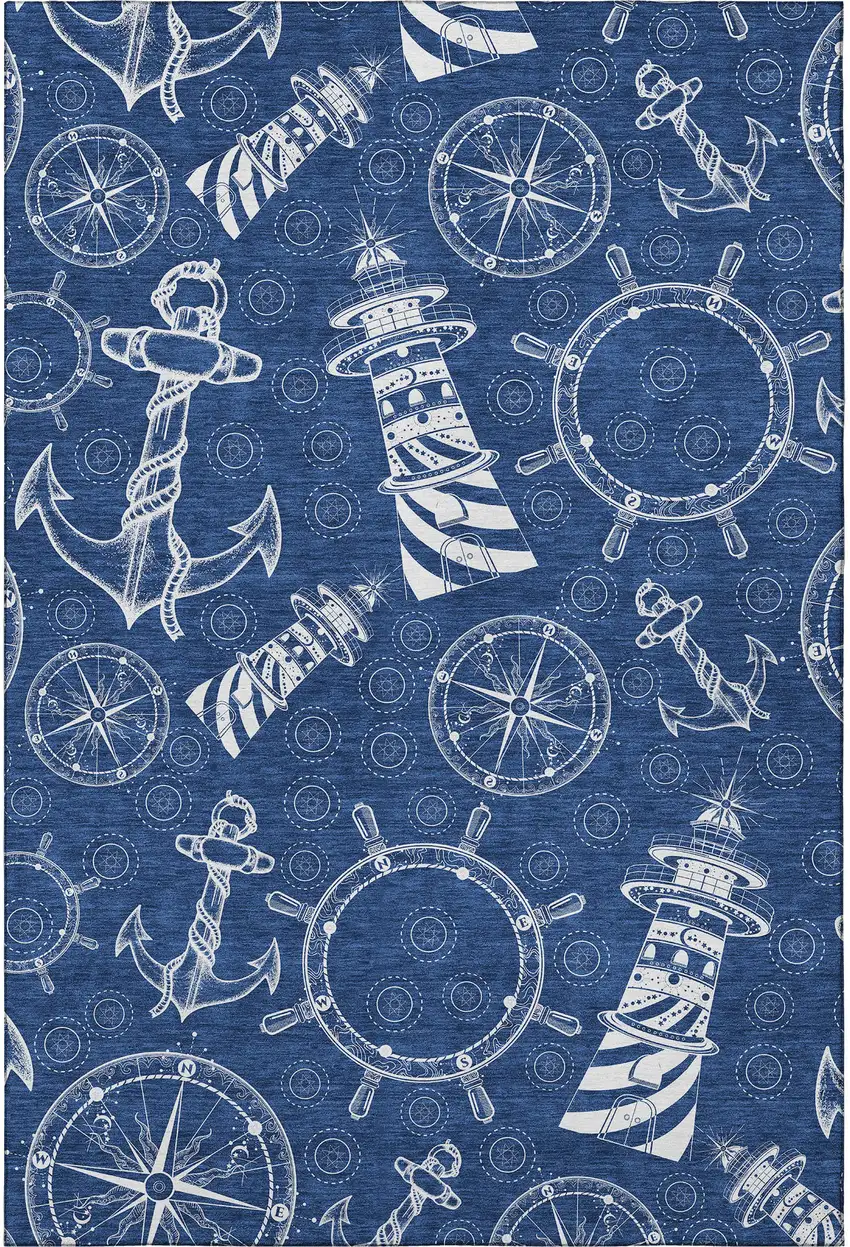 Navy Blue And Ivory Nautical Washable Area Rug With UV Protection Photo 4