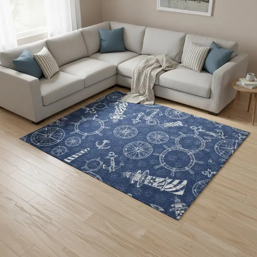 Navy Blue And Ivory Nautical Washable Area Rug With UV Protection Photo 1