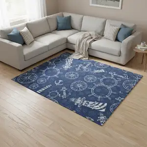 Photo of Navy Blue And Ivory Nautical Washable Area Rug With UV Protection