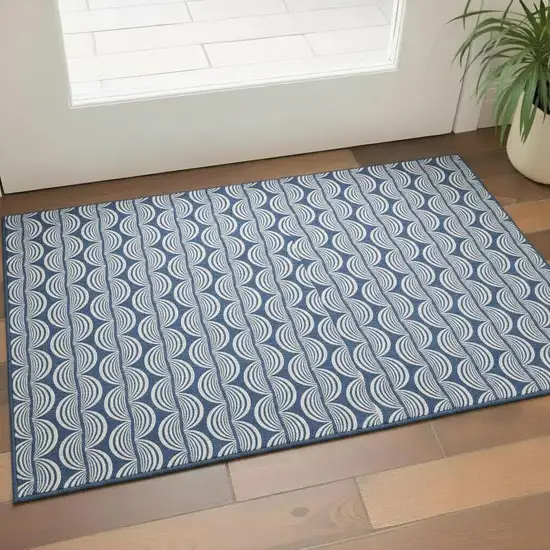 Navy Blue And Ivory Ogee Washable Area Rug With UV Protection Photo 2