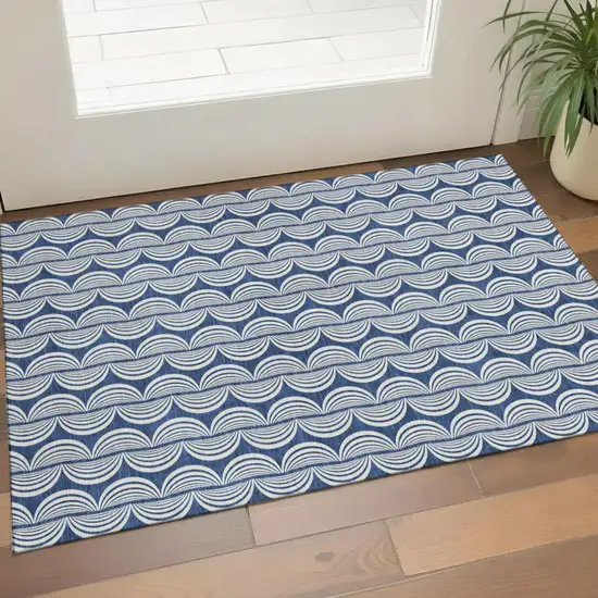 Navy Blue And Ivory Ogee Washable Area Rug With UV Protection Photo 1