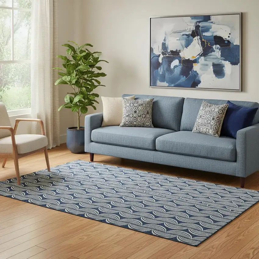 Navy Blue And Ivory Ogee Washable Area Rug With UV Protection Photo 2