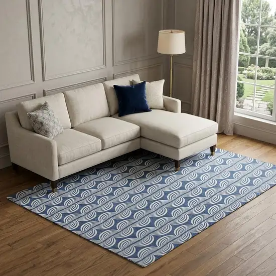 Navy Blue And Ivory Ogee Washable Area Rug With UV Protection Photo 1
