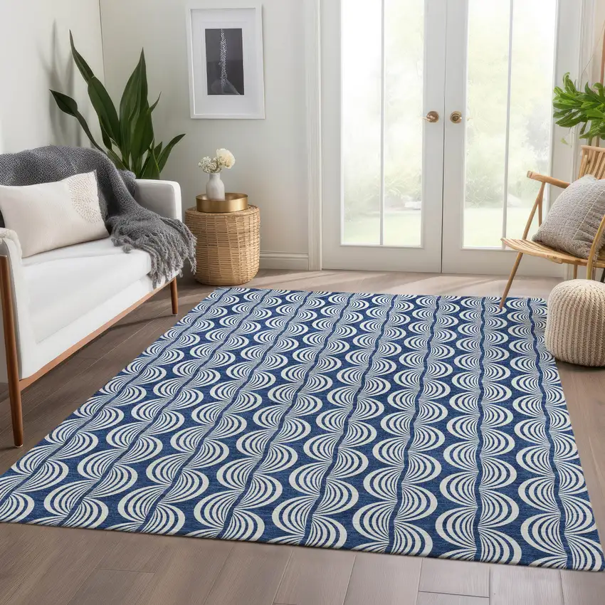 Navy Blue And Ivory Ogee Washable Area Rug With UV Protection Photo 5