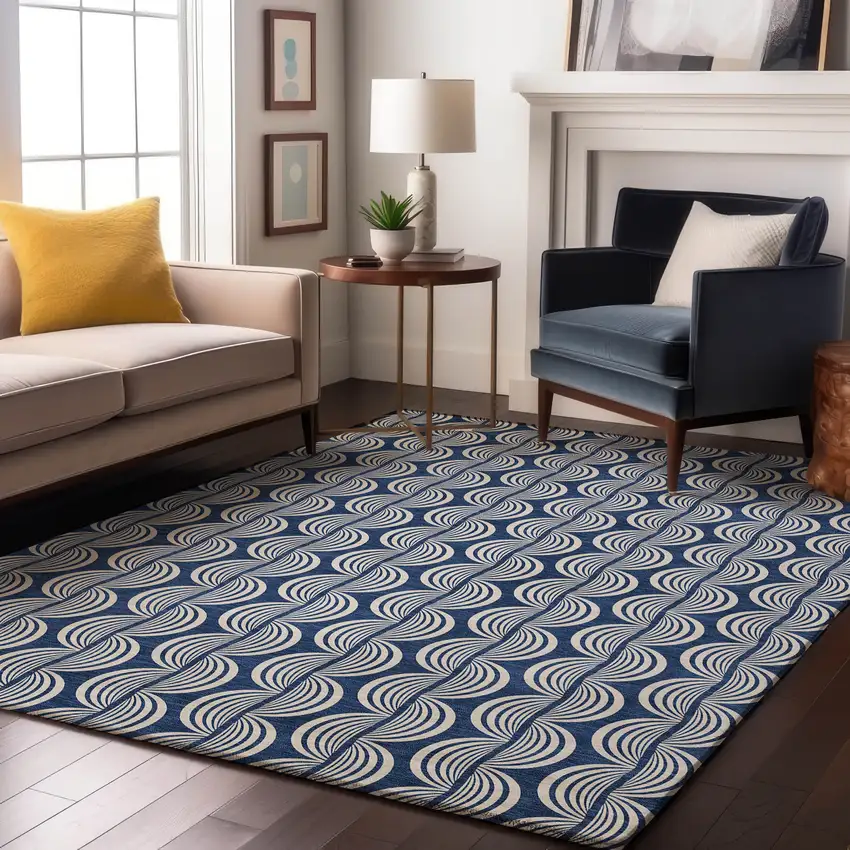Navy Blue And Ivory Ogee Washable Area Rug With UV Protection Photo 4