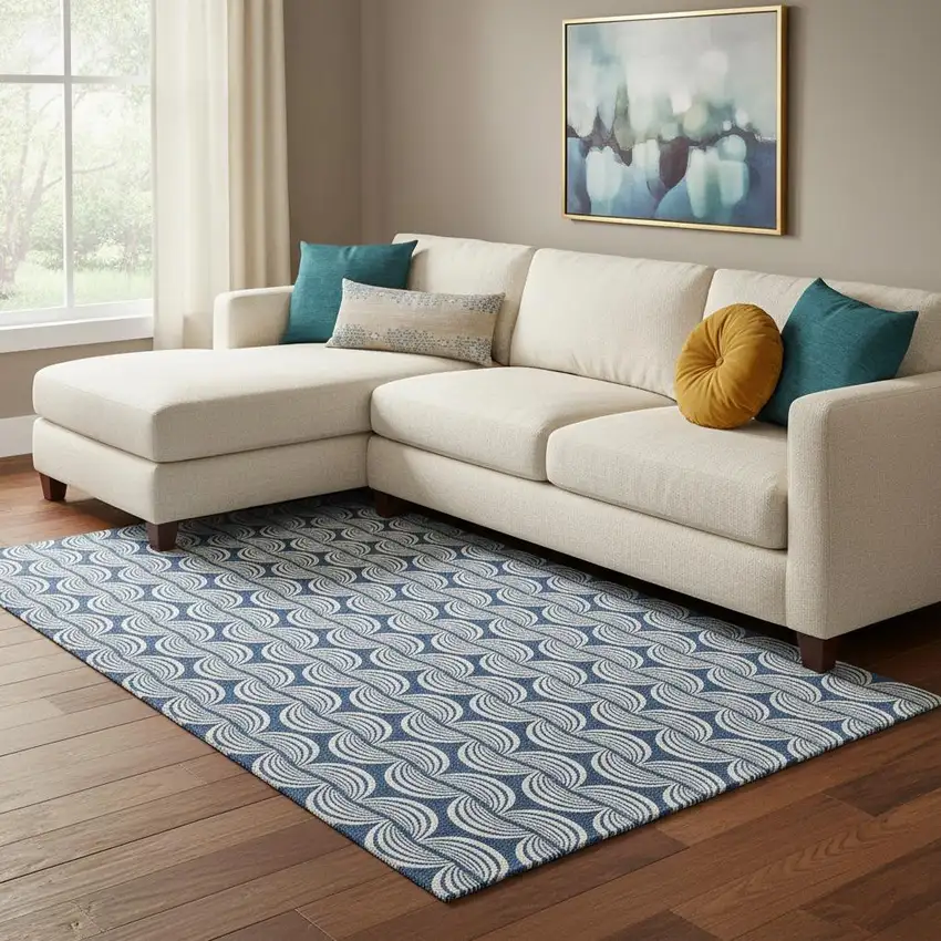 Navy Blue And Ivory Ogee Washable Area Rug With UV Protection Photo 2