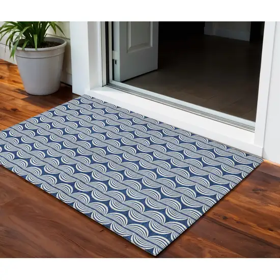 Navy Blue And Ivory Ogee Washable Indoor Outdoor Area Rug Photo 1