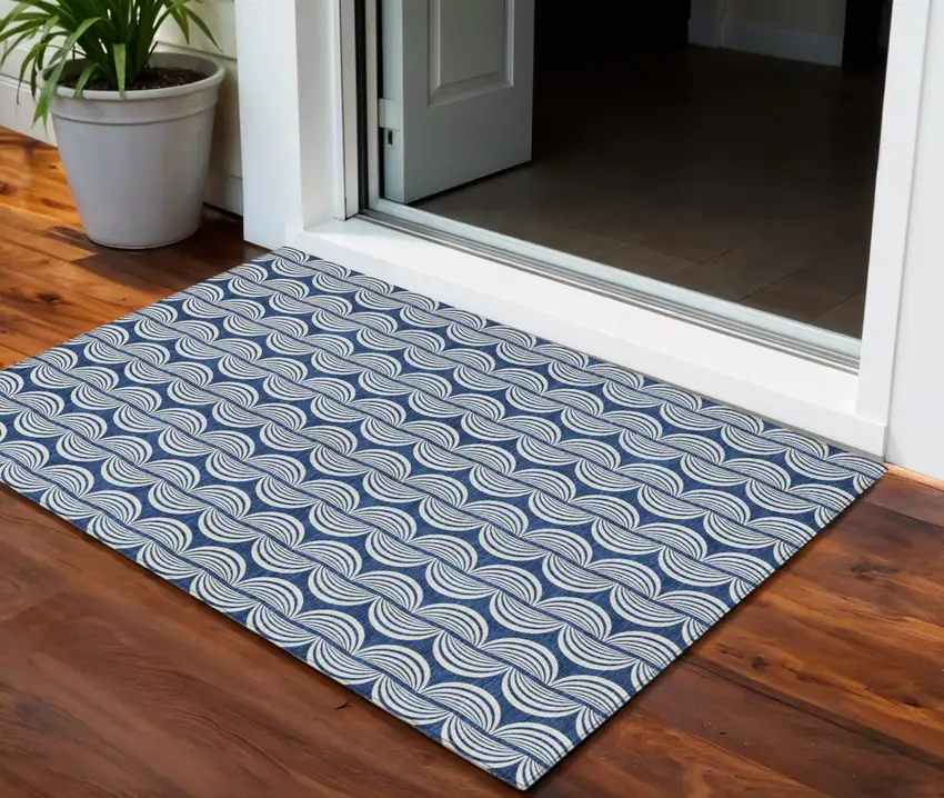Navy Blue And Ivory Ogee Washable Indoor Outdoor Area Rug Photo 1