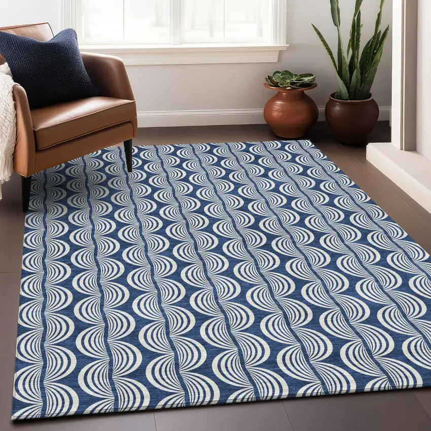 Navy Blue And Ivory Ogee Washable Indoor Outdoor Area Rug Photo 8