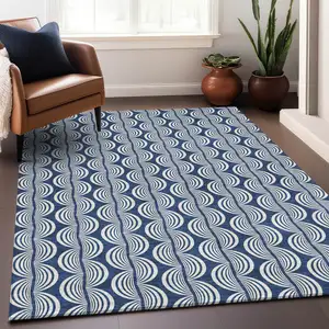 Photo of Navy Blue And Ivory Ogee Washable Indoor Outdoor Area Rug