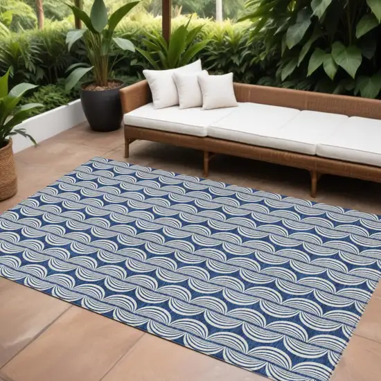 Navy Blue And Ivory Ogee Washable Indoor Outdoor Area Rug Photo 1