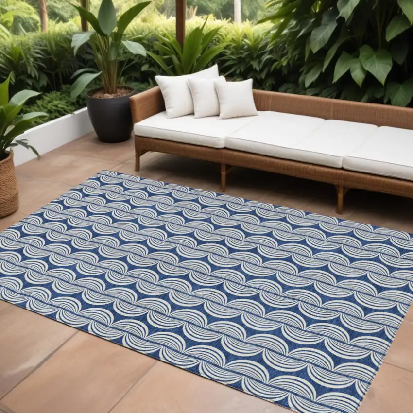Navy Blue And Ivory Ogee Washable Indoor Outdoor Area Rug Photo 1