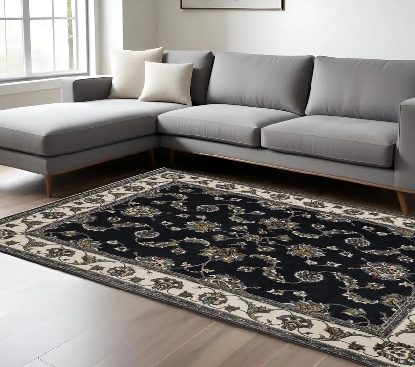 Navy Blue And Ivory Oriental Area Rug With Fringe Photo 1