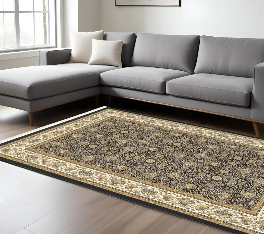 Navy Blue And Ivory Oriental Area Rug With Fringe Photo 1