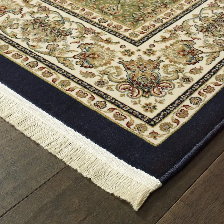Navy Blue And Ivory Oriental Area Rug With Fringe Photo 6