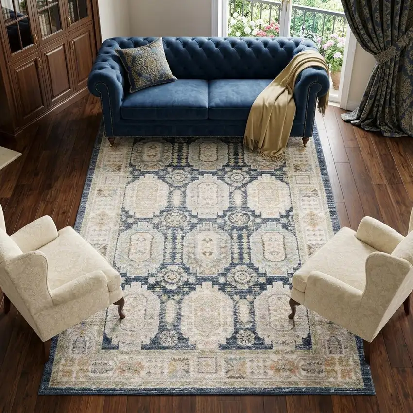 Navy Blue And Ivory Oriental Area Rug Photo 1