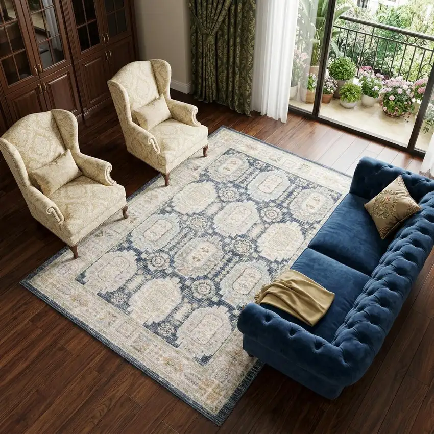 Navy Blue And Ivory Oriental Area Rug Photo 1