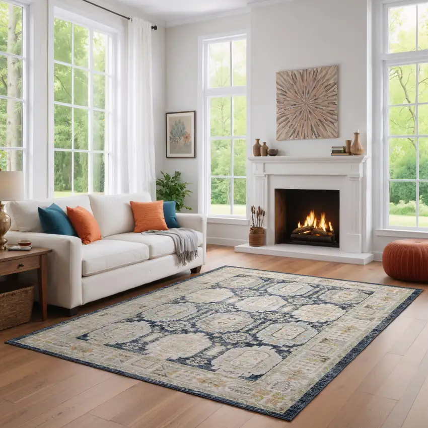 Navy Blue And Ivory Oriental Area Rug Photo 5