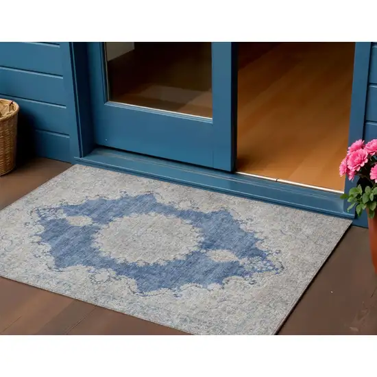 Navy Blue And Ivory Oriental Washable Indoor Outdoor Area Rug Photo 1