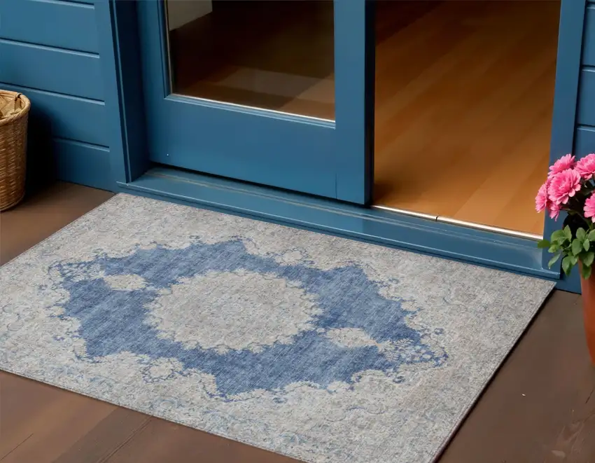 Navy Blue And Ivory Oriental Washable Indoor Outdoor Area Rug Photo 1