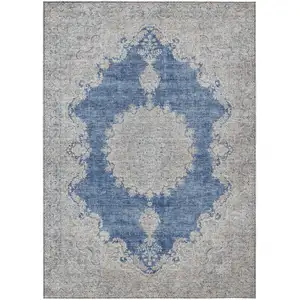 Photo of Navy Blue And Ivory Oriental Washable Indoor Outdoor Area Rug