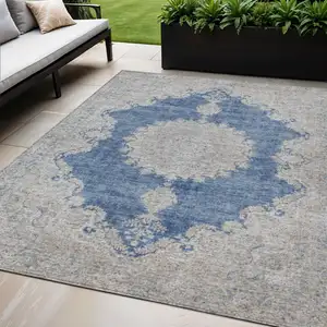 Photo of Navy Blue And Ivory Oriental Washable Indoor Outdoor Area Rug