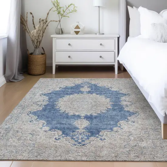 Navy Blue And Ivory Oriental Washable Indoor Outdoor Area Rug Photo 9