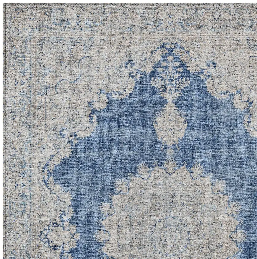 Navy Blue And Ivory Oriental Washable Indoor Outdoor Area Rug Photo 5