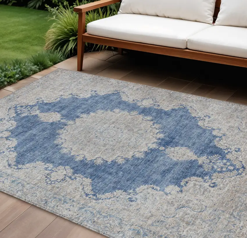 Navy Blue And Ivory Oriental Washable Indoor Outdoor Area Rug Photo 1