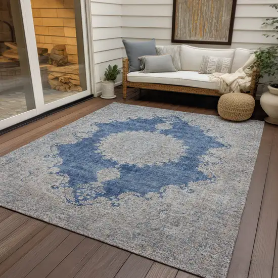Navy Blue And Ivory Oriental Washable Indoor Outdoor Area Rug Photo 7