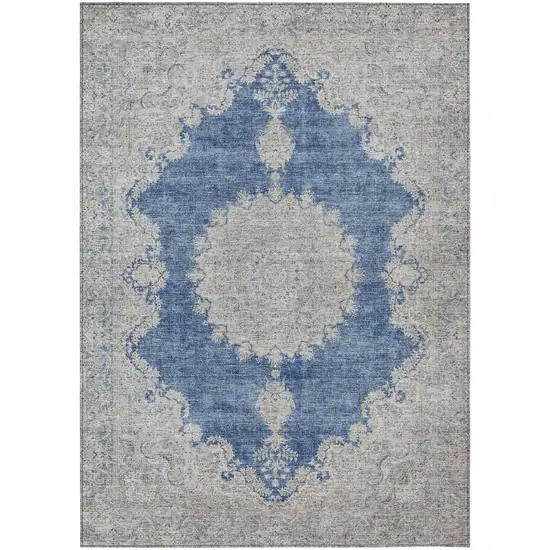 Navy Blue And Ivory Oriental Washable Indoor Outdoor Area Rug Photo 2