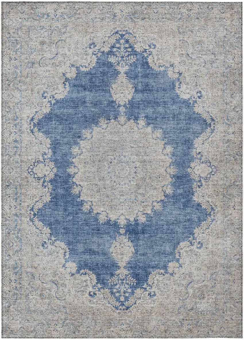 Navy Blue And Ivory Oriental Washable Indoor Outdoor Area Rug Photo 2