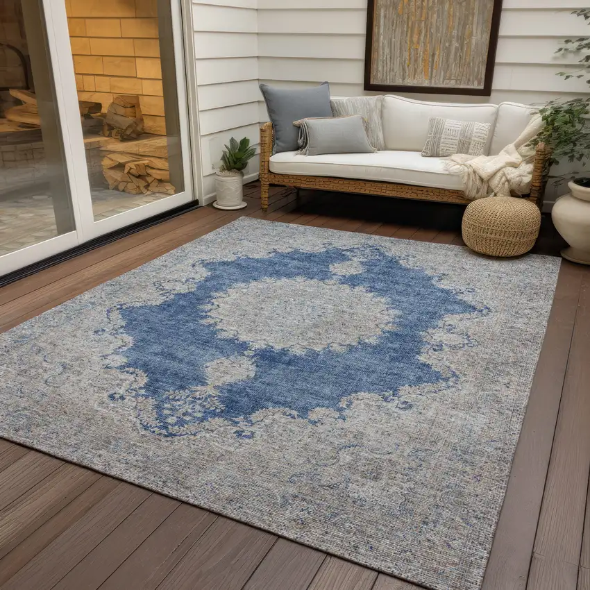 Navy Blue And Ivory Oriental Washable Indoor Outdoor Area Rug Photo 7