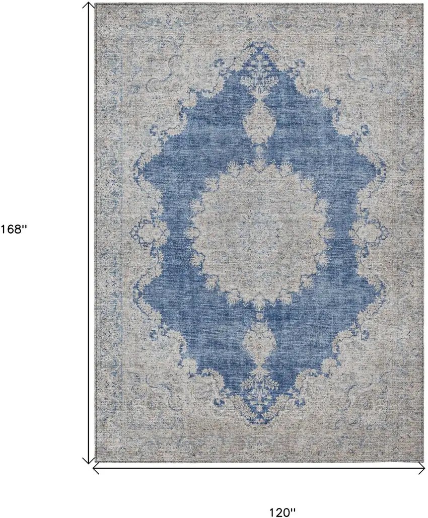 Navy Blue And Ivory Oriental Washable Indoor Outdoor Area Rug Photo 3