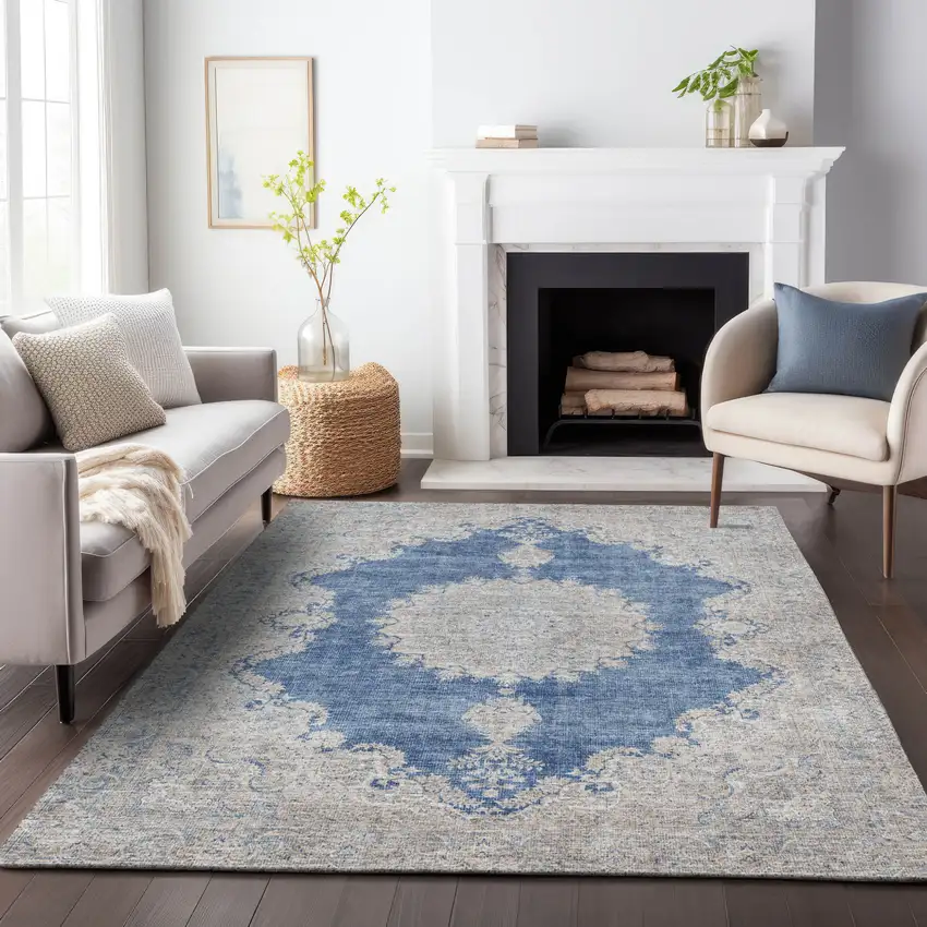 Navy Blue And Ivory Oriental Washable Indoor Outdoor Area Rug Photo 8