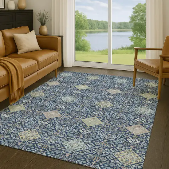 Navy Blue And Ivory Oriental Washable Indoor Outdoor Area Rug Photo 5