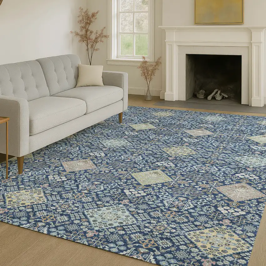 Navy Blue And Ivory Oriental Washable Indoor Outdoor Area Rug Photo 6