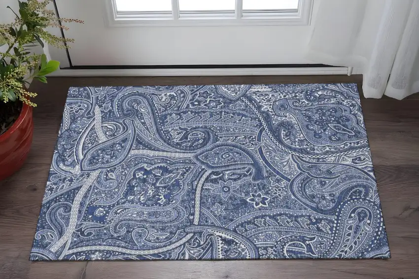 Navy Blue And Ivory Paisley Washable Area Rug With UV Protection Photo 2