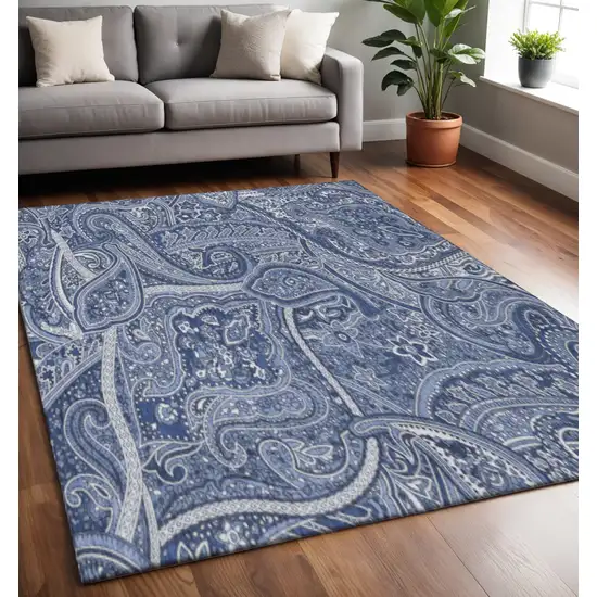 Navy Blue And Ivory Paisley Washable Area Rug With UV Protection Photo 2