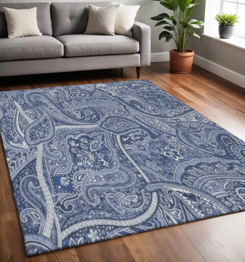 Navy Blue And Ivory Paisley Washable Area Rug With UV Protection Photo 2