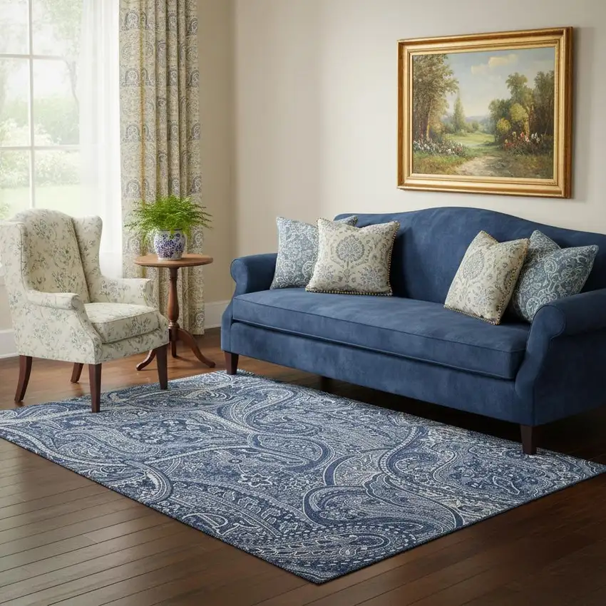 Navy Blue And Ivory Paisley Washable Area Rug With UV Protection Photo 1