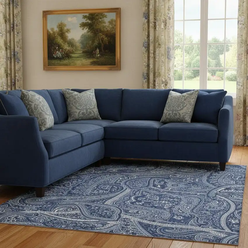 Navy Blue And Ivory Paisley Washable Area Rug With UV Protection Photo 5