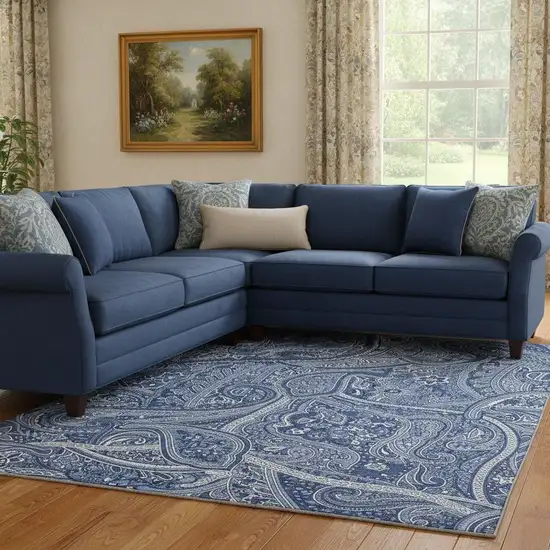 Navy Blue And Ivory Paisley Washable Area Rug With UV Protection Photo 3