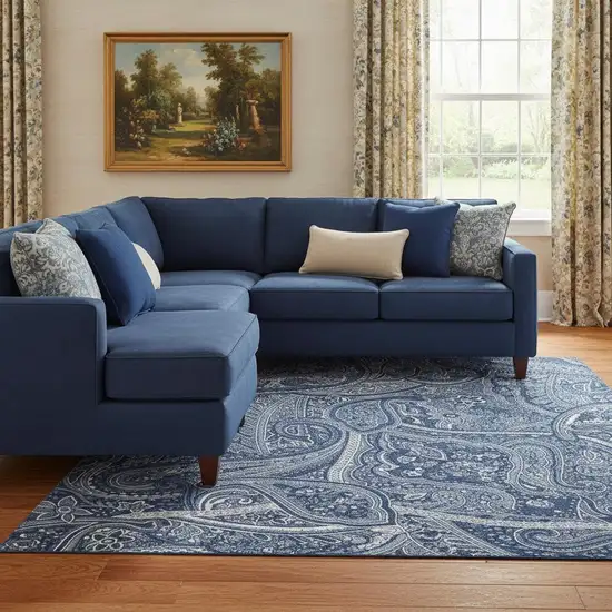 Navy Blue And Ivory Paisley Washable Area Rug With UV Protection Photo 1